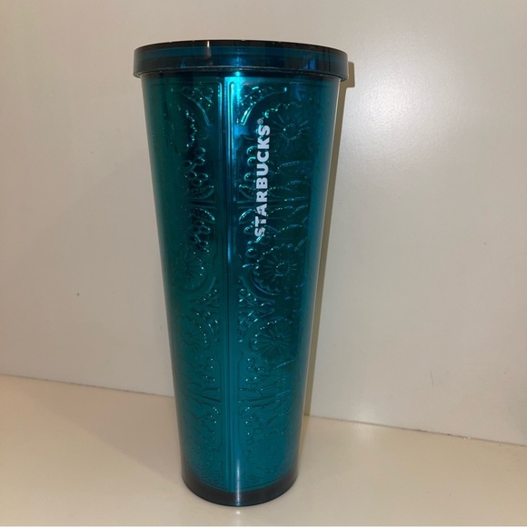 2017 Starbucks Embossed Metallic Foil Teal Floral Tumbler - Picture 1 of 11